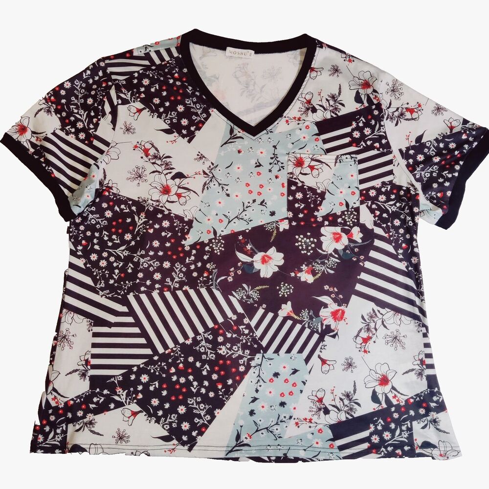 Women's Plus Size 2XL Short Sleeve V Neck Casual Floral Patch Print NEW